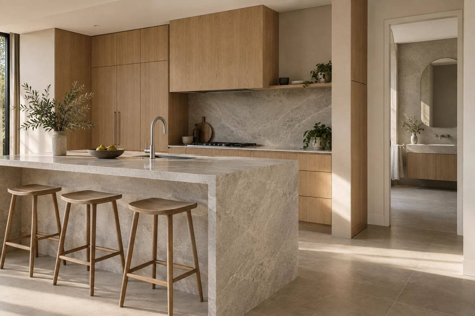 Illustrative contemporary kitchen with pale stone island and oak cabinetry